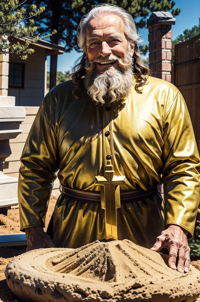 1guy, 80 years old, American, Short cozy beard, medium hair, healthy, happy, smiling, digging out a giant golden statues of jesus, backyard, realistic, midjourney, hyperrealistic