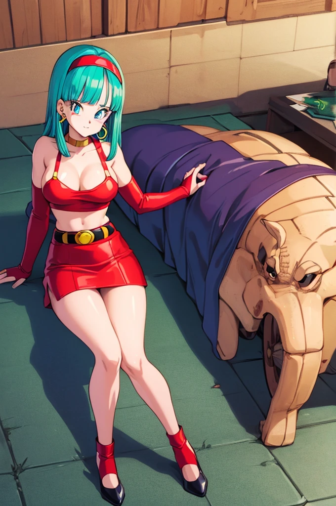 ultra detailed, masterpiece, best quality, solo, soft smile, light smile, Bulla, Dragon Ball,
long hair, aqua hairbangs, collarbonebridal gauntlets, eyelashes, hoop earrings, eyebrows,miniskirt,hairband, red hairband, earrings, blue eyes,elbow gloves, red gloves, fingerless gloves, crop top, red topwear, midriff, yellow belt, skirt, red skirt, big breast, big ass,confused face expresion, sin imperfecciones, dibujo perfecto, masive breast,
