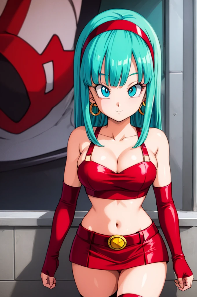 ultra detailed, masterpiece, best quality, solo, soft smile, light smile, Bulla, Dragon Ball,
long hair, aqua hairbangs, collarbonebridal gauntlets, eyelashes, hoop earrings, eyebrows,miniskirt,hairband, red hairband, earrings, blue eyes,elbow gloves, red gloves, fingerless gloves, crop top, red topwear, midriff, yellow belt, skirt, red skirt, big breast, big ass,confused face expresion, sin imperfecciones, dibujo perfecto, masive breast,