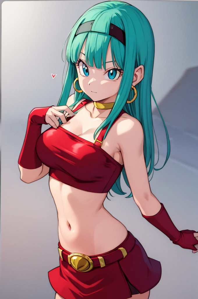 ultra detailed, masterpiece, best quality, solo, soft smile, light smile, Bulla, Dragon Ball,
long hair, aqua hairbangs, collarbonebridal gauntlets, eyelashes, hoop earrings, eyebrows,miniskirt,hairband, red hairband, earrings, blue eyes,elbow gloves, red gloves, fingerless gloves, crop top, red topwear, midriff, yellow belt, skirt, red skirt, big breast, big ass,confused face expresion, sin imperfecciones, dibujo perfecto, masive breast,