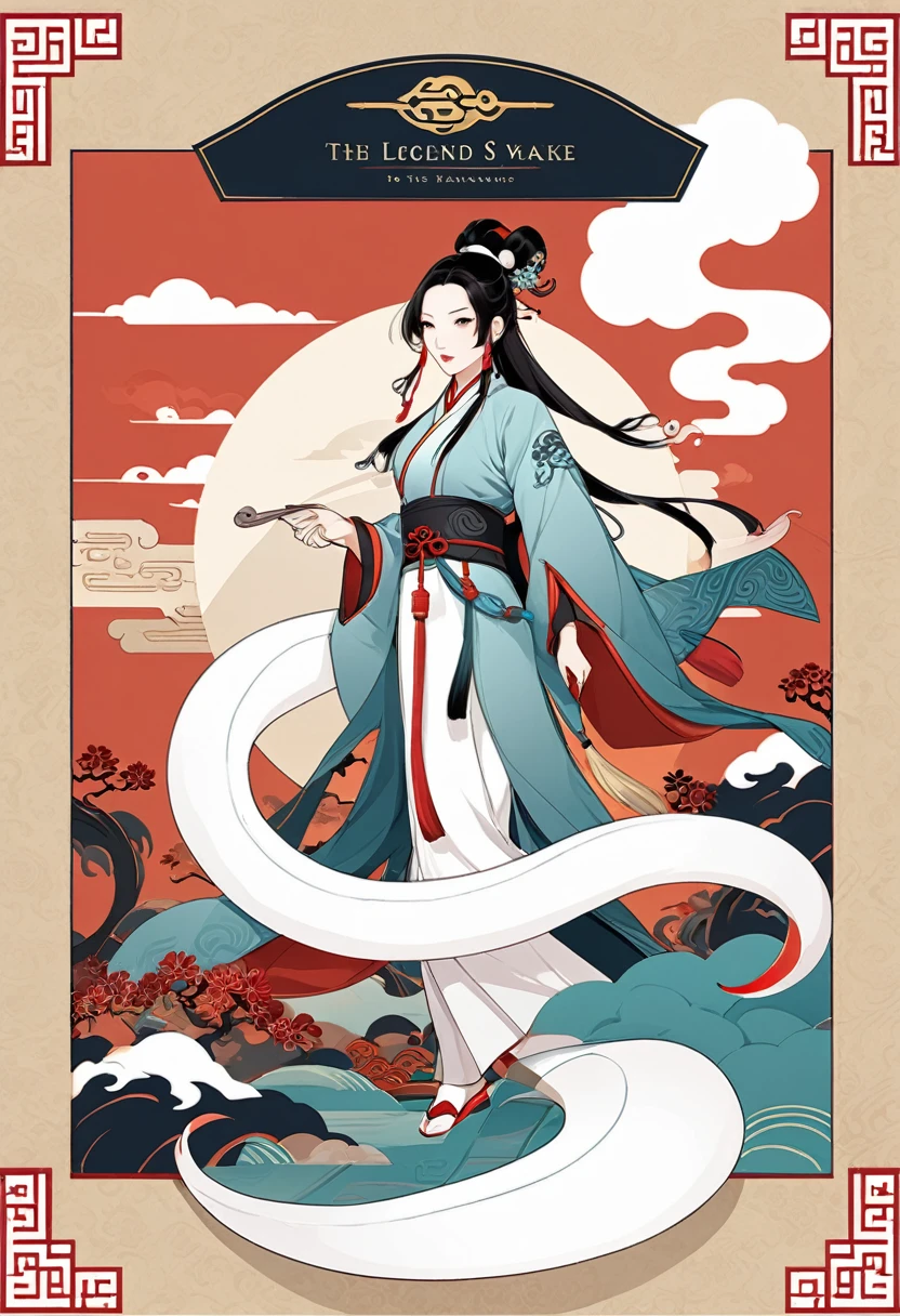 cover page, Four major folk legends of ancient China, The Legend of the White Snake, Bai she zhuàn, flat Design, vector illustrations, graphic illustration, detailed 2d illustration, flat illustration, digital illustration, digital artwork,