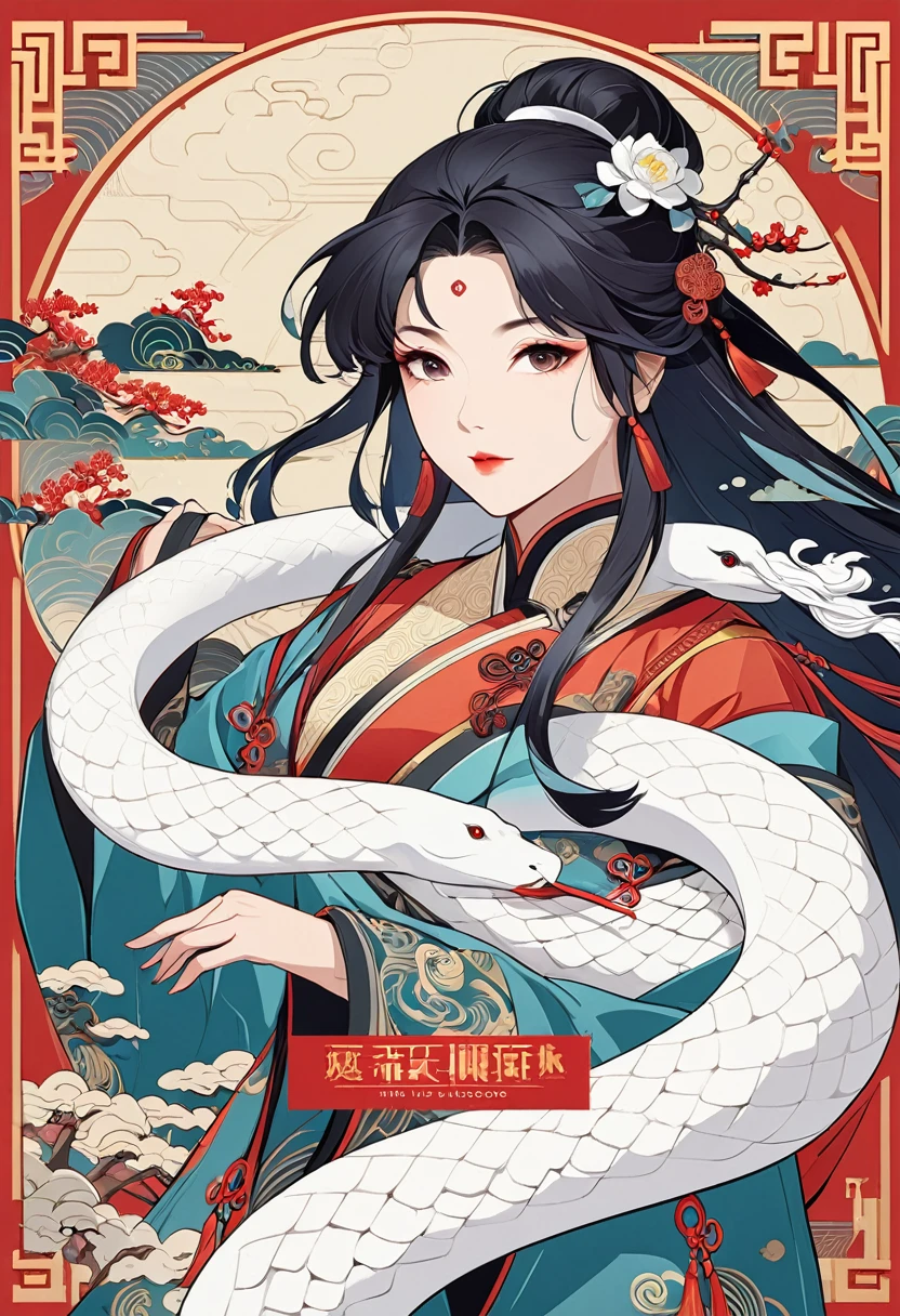 cover page, Four major folk legends of ancient China, The Legend of the White Snake, Bai she zhuàn, flat Design, vector illustrations, graphic illustration, detailed 2d illustration, flat illustration, digital illustration, digital artwork,