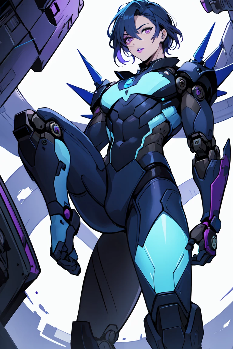 1. Light-skinned robot woman 2. Long spiky navy blue hair/dark 3. lips painted blue and purple 4. Purple eyes 5. Attractive clothing with technological and robotic implants whose predominant colors are Blue and Purple 6. wears dark blue boots 7. He has blue gloves 8. Both his arms and legs are uncovered., that is to say, His combat suit with technology and robotic parts only covers his torso., waist and chest, the elbows, arms and legs are uncovered.