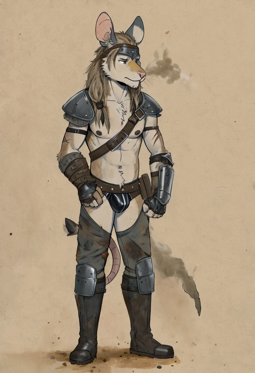 Solo Sexy young anthro furry rat male mercenary medieval solider, slim slim muscular, anthro handsome gay shorter muzzle, handsome gay model male apperance, sword scars, worn out leather skimpy armament, low on hips heavy leather belt, old very worn out skimpy dirty linen material jockstrap, old yellow dirty worn out stains on white sawn jockstrap, very visible "x" brown seam pattern on the jockstrap, studded skimpy armlets breastplate armor, skimpy breastplate, leather bondages, fingerless leather gloves, smelly unwashed furr, dirty body look, desert battlefield, standing in sexy fighting position, close view of full character