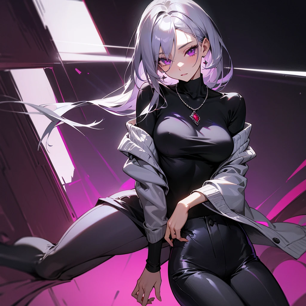 A black and silver haired woman wearing a beautiful silver sweater and a ruby necklace around her neck with a black shirt covering her breasts, black tight pants and purple eyes and the background is a living room