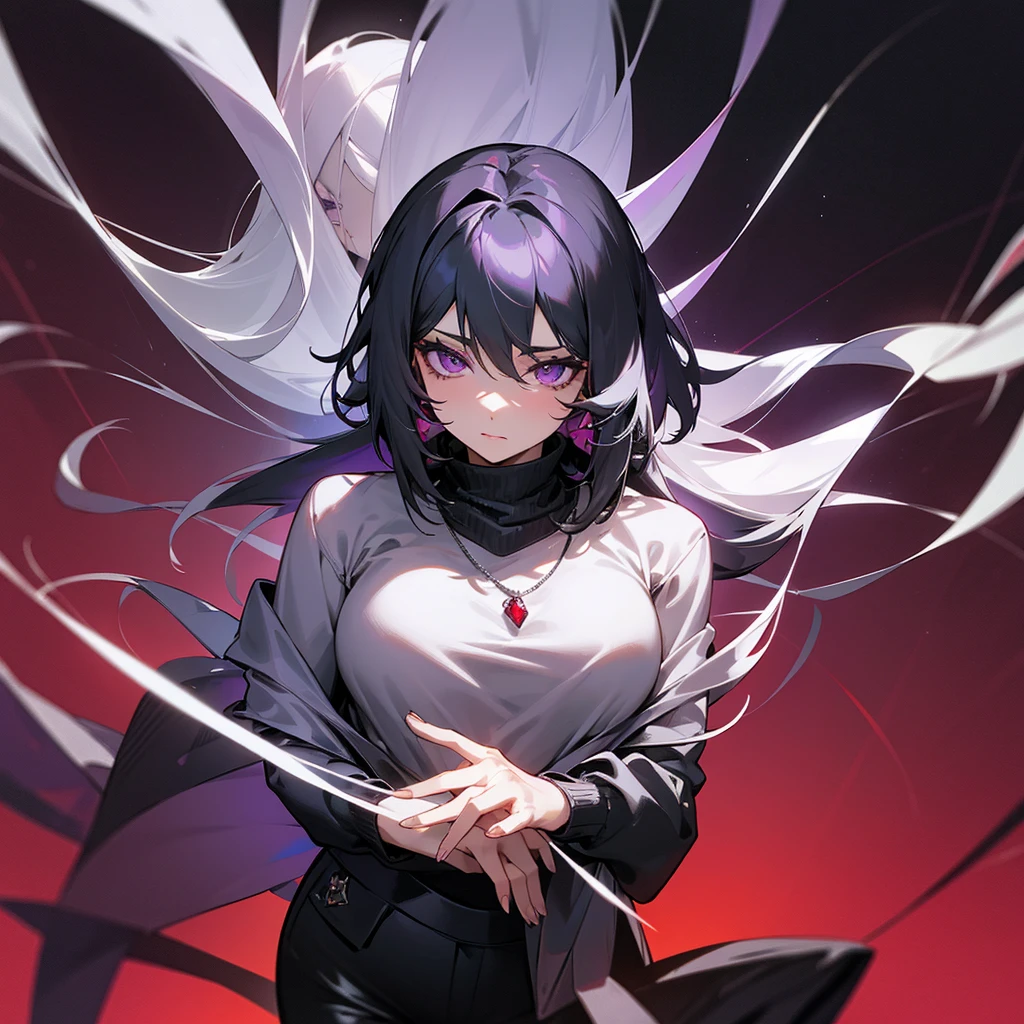 A black and silver haired woman wearing a beautiful silver sweater and a ruby necklace around her neck with a black shirt covering her breasts, black tight pants and purple eyes and the background is a living room