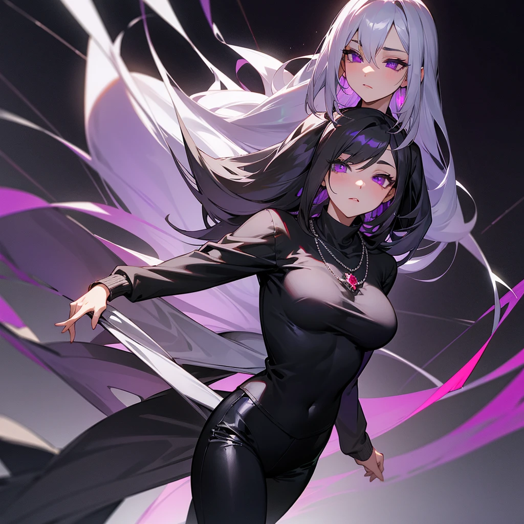 A black and silver haired woman wearing a beautiful silver sweater and a ruby necklace around her neck with a black shirt covering her breasts, black tight pants and purple eyes and the background is a living room