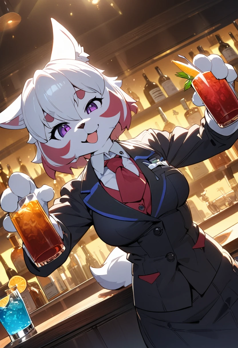 top quality, best quality, High-quality illustrations, masterpiece, super high resolution, detailed background, bartender, bar, cocktail, absurdres(1girl, kemono, furry anthro)perfect anatomy, expression, good lighting, cinematic shadow, dynamic angle,