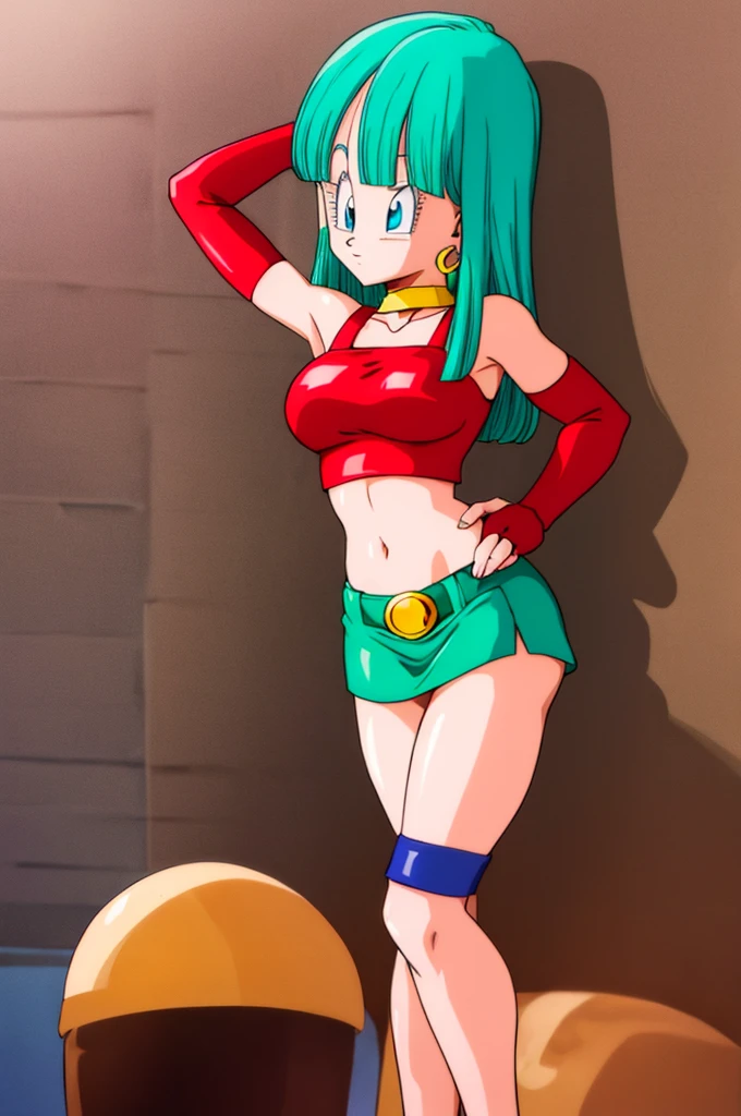 ultra detailed, masterpiece, best quality, solo, soft smile, light smile, Bulla, Dragon Ball,
long hair, aqua hairbangs, collarbonebridal gauntlets, eyelashes, hoop earrings, eyebrows,miniskirt,hairband, red hairband, earrings, blue eyes,elbow gloves, red gloves, fingerless gloves, crop top, red topwear, midriff, yellow belt, skirt, red skirt, big breast, big ass,confused face expresion, sin imperfecciones, dibujo perfecto, masive breast,