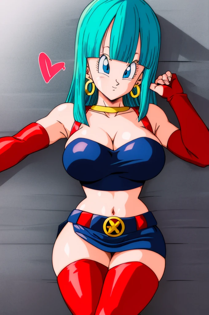 ultra detailed, masterpiece, best quality, solo, soft smile, light smile, Bulla, Dragon Ball,
long hair, aqua hairbangs, collarbonebridal gauntlets, eyelashes, hoop earrings, eyebrows,miniskirt,hairband, red hairband, earrings, blue eyes,elbow gloves, red gloves, fingerless gloves, crop top, red topwear, midriff, yellow belt, skirt, red skirt, big breast, big ass,confused face expresion, sin imperfecciones, dibujo perfecto, masive breast,