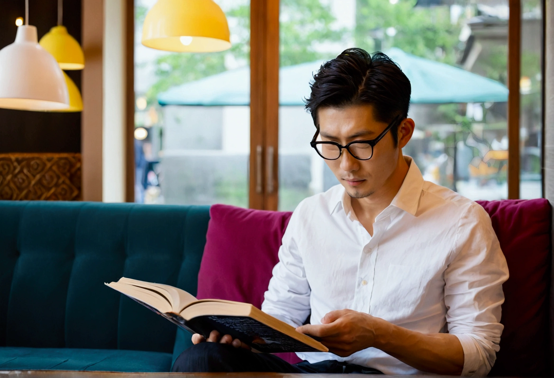 Beautiful Japanese man sitting on a sofa in a cafe and reading a book
