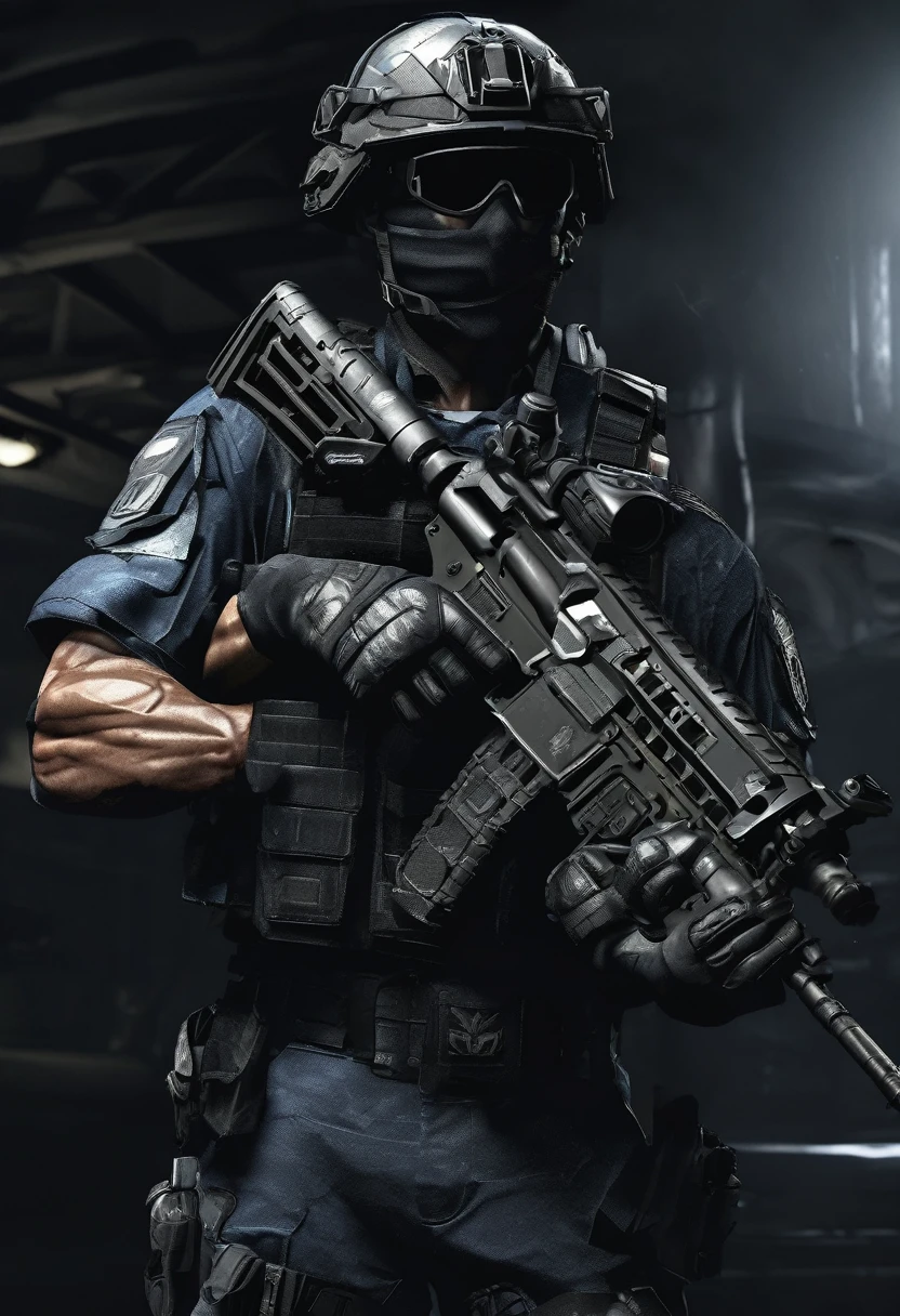 Masterpiece quality wallpaper, Swat, muscular, SWAT uniform, wearing SWAT uniform, Call of duty, intricate details, highly detailed and stylized, 8K UHD, Video game wallpaper, dark background