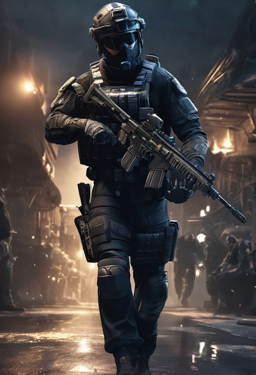 Masterpiece quality wallpaper, Swat, muscular, SWAT uniform, wearing SWAT uniform, Call of duty, intricate details, highly detailed and stylized, 8K UHD, Video game wallpaper, dark background