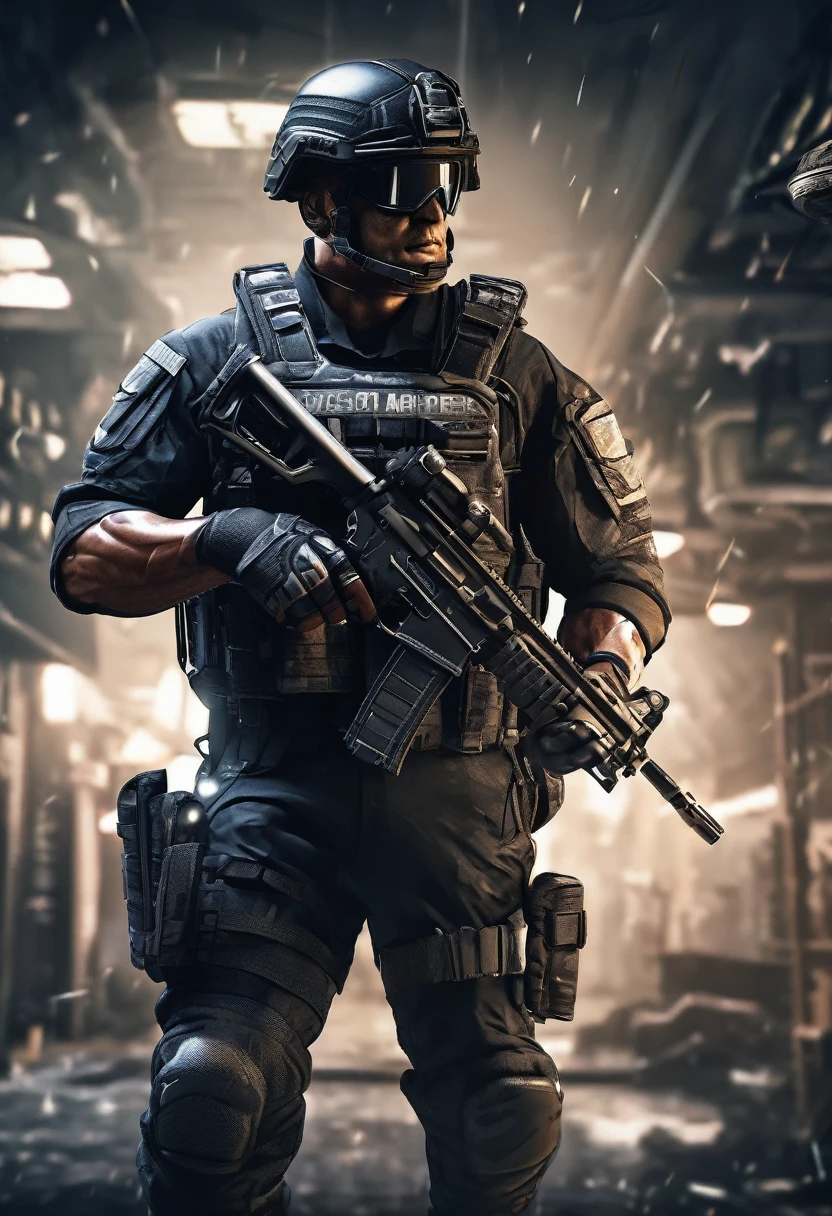 Masterpiece quality wallpaper, Swat, muscular, SWAT uniform, wearing SWAT uniform, Call of duty, intricate details, highly detailed and stylized, 8K UHD, Video game wallpaper, dark background