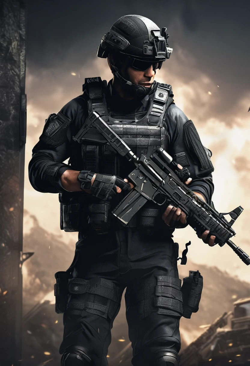 Masterpiece quality wallpaper, Swat, muscular, SWAT uniform, wearing SWAT uniform, Call of duty, intricate details, highly detailed and stylized, 8K UHD, Video game wallpaper, dark background