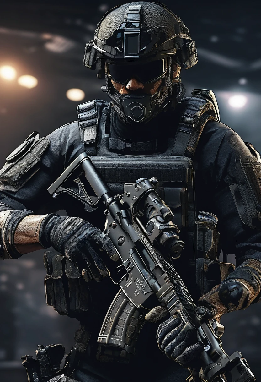 Masterpiece quality wallpaper, Swat, muscular, SWAT uniform, wearing SWAT uniform, Call of duty, intricate details, highly detailed and stylized, 8K UHD, Video game wallpaper, dark background