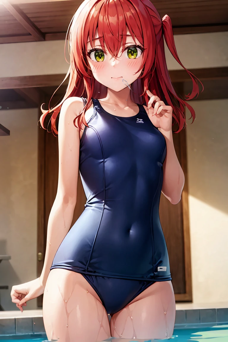 room, 1 Girl, Highest quality, Ultra-high resolution, Long Hair, Redhead, Green Eyes,Looking at the audience, Small breasts , Shy face、Watery eye, Open your mouth、Cowboy Shot、Navy school swimsuit、Pool