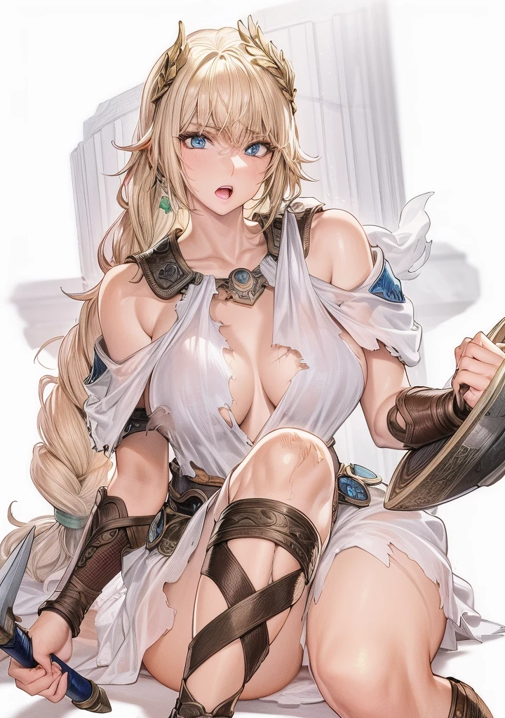 perfect eyes:1.2, detailed eyes:1.4, SoulCaliburSophitia, blue eyes, blonde hair, large breasts, hair ornament, open mouth, scars, scratches, torn clothes, covered nipples, transparent clothes, see through, white dress, long hair, shield, sword, braided ponytail, 1girl, solo, (masterpiece:1.6, best quality), 8k, insane details, intricate details, hyperdetailed, hyper quality, high detail, ultra detailed, professional, HDR, ray tracing reflection, cinematic lighting,