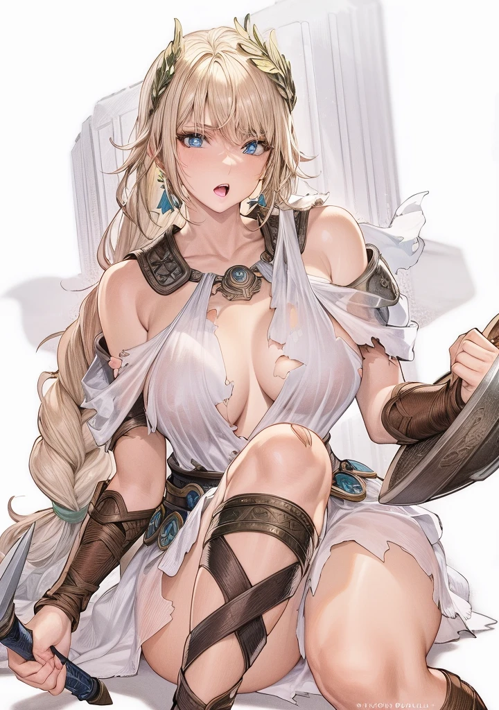 perfect eyes:1.2, detailed eyes:1.4, SoulCaliburSophitia, blue eyes, blonde hair, large breasts, hair ornament, open mouth, scars, scratches, torn clothes, covered nipples, transparent clothes, see through, white dress, long hair, shield, sword, braided ponytail, 1girl, solo, (masterpiece:1.6, best quality), 8k, insane details, intricate details, hyperdetailed, hyper quality, high detail, ultra detailed, professional, HDR, ray tracing reflection, cinematic lighting,
