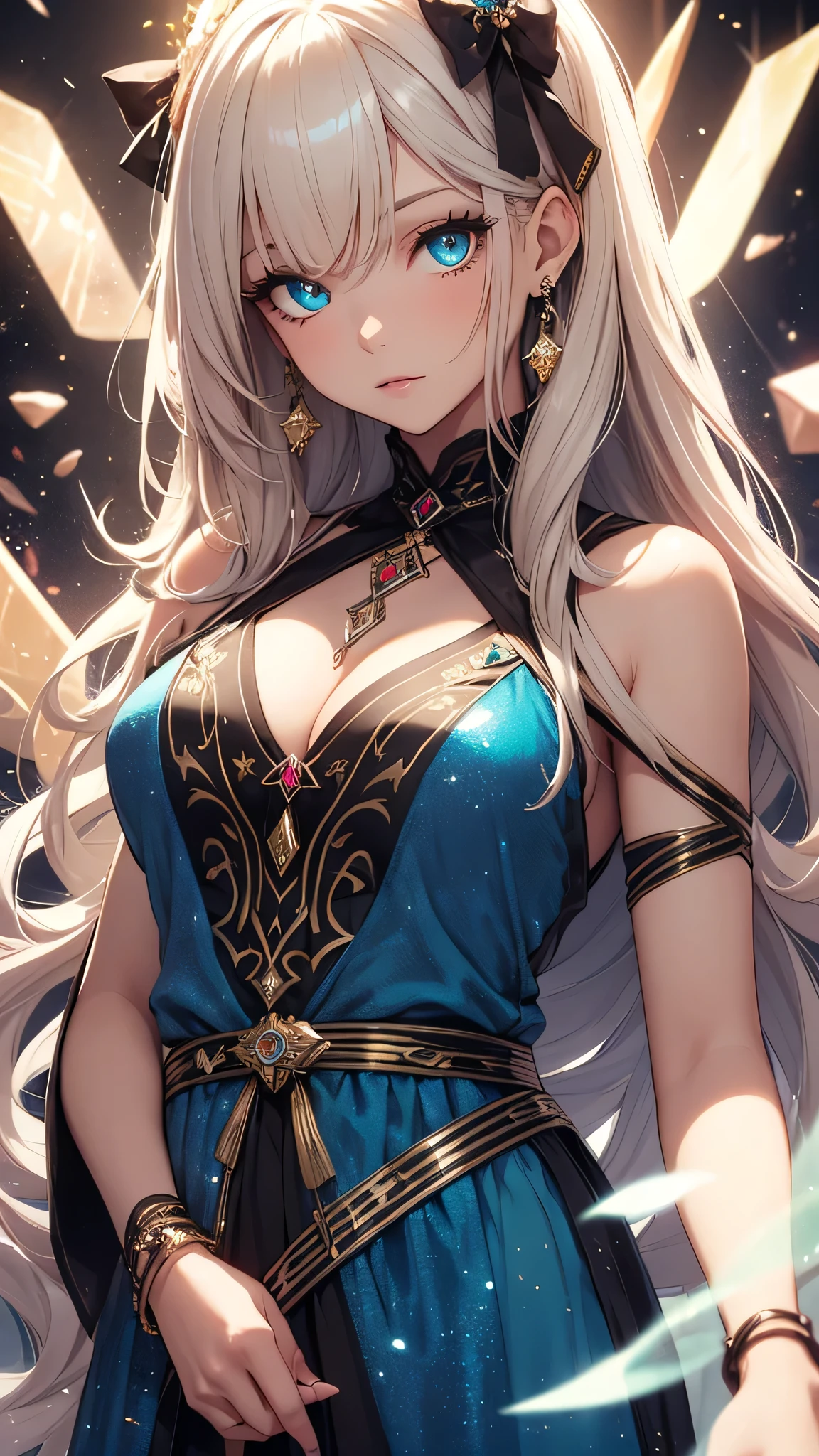 One Girl, Long Hair, Light Hair Color, Captivating eyes, Mysterious look, Mature Appearance, Attractive dress, loose fitting dress, Elegant Jewelry, Elaborate decoration, Magic symbols, Glowing Accessories, part, scroll, Cute accent,ribbon, Magical Effects, Crystal Jade, Particles of light, Rubik'square,