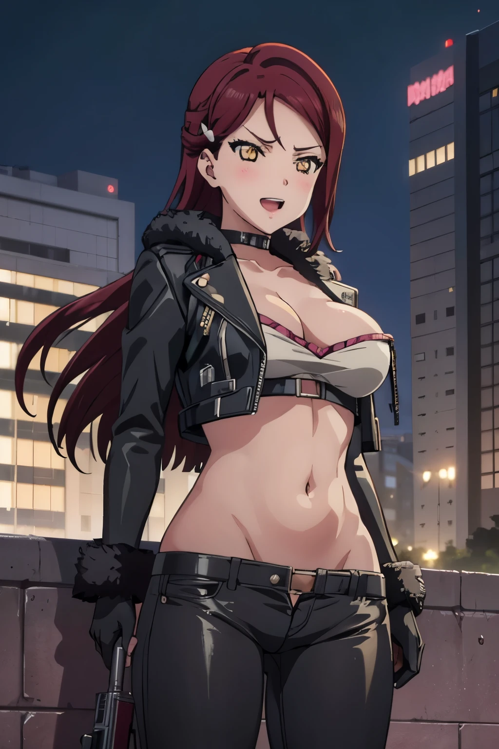 1girl, riko sakurauchi, blush, lipstick, large breast, Hot girl, baddie, staring, glaring, bad attitude, mean girl, dare, angry, hate, crazy, smoking, sensual, attractive, fur trim, mature female, gloves, fur-trimmed coat, outdoors, rooftop, cityscape, building, railing, night, night sky, scenery, city lights, blush, lipstick, masterpiece, best quality, highly detailed, a girls with a gun, evil smile , open mouth, sexy gaze, badass
pose , evil smile, smile, (nsfw) not safe for work, guns blazing, anime girl with long hair, beautiful long
haired girl, navel, evil expression, exposed belly, exposed navel, exposed midriff, exposed lower belly,
long black pants, crop top, cleavage, unbuttoned leather pants ,open fly, low rise black leather pants,
leather jacket, holding a gun,, navel piercing