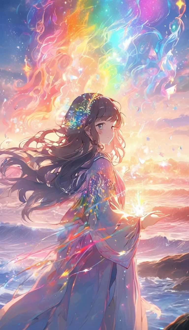 Mysterious glowing spell casting girl, ((Fantasy Rainbow Ocean)), Vibrant colors, Fantastic Light, Detailed speech bubbles, Magical atmosphere, Nice views, Dreamy atmosphere, Sparkling, Roomy robes, The magic touch, Mysterious creatures, ((Sparkling waves)), Mystical symbols, Surreal beauty, haze, There'Magic in the air, A magical moment,Mysterious atmosphere, Whimsical Creatures, Full of charm, Fairy, superpower, Fantasy World
