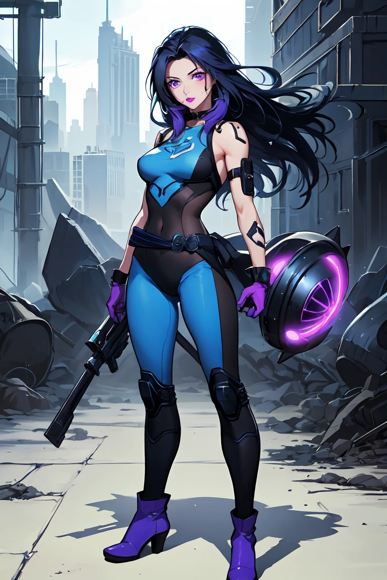 1. Light skinned woman 2. Long spiky navy blue hair/dark 3. lips painted blue and purple 4. Purple eyes 5. Attractive clothing with technological implants whose predominant colors are Blue and Purple (Example Alita from Battle Angel, I will show an example)
6. wears dark blue boots 7. He has blue gloves 8. Both his arms and legs are uncovered., that is to say, his technological combat suit only covers his torso, waist and chest, the elbows, arms and legs are uncovered.
9. Alita Battle Angel combat costume