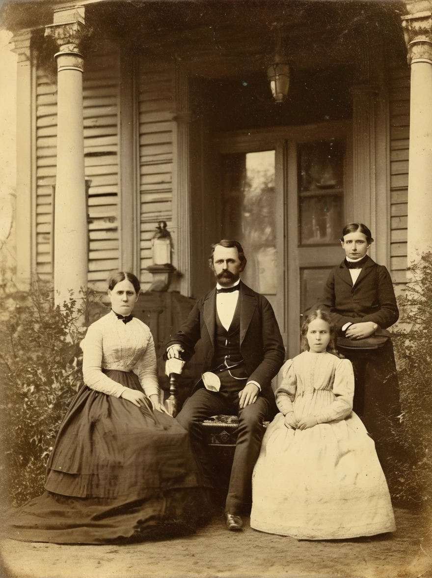 A faded photograph from the 19th
century shows a Victorian family
posing outside their ancestral
home. Upon closer inspection, a
faint, translucent figure can be
seen standing among them, its
ethereal form barely visible
against the backdrop of the old
mansion.
