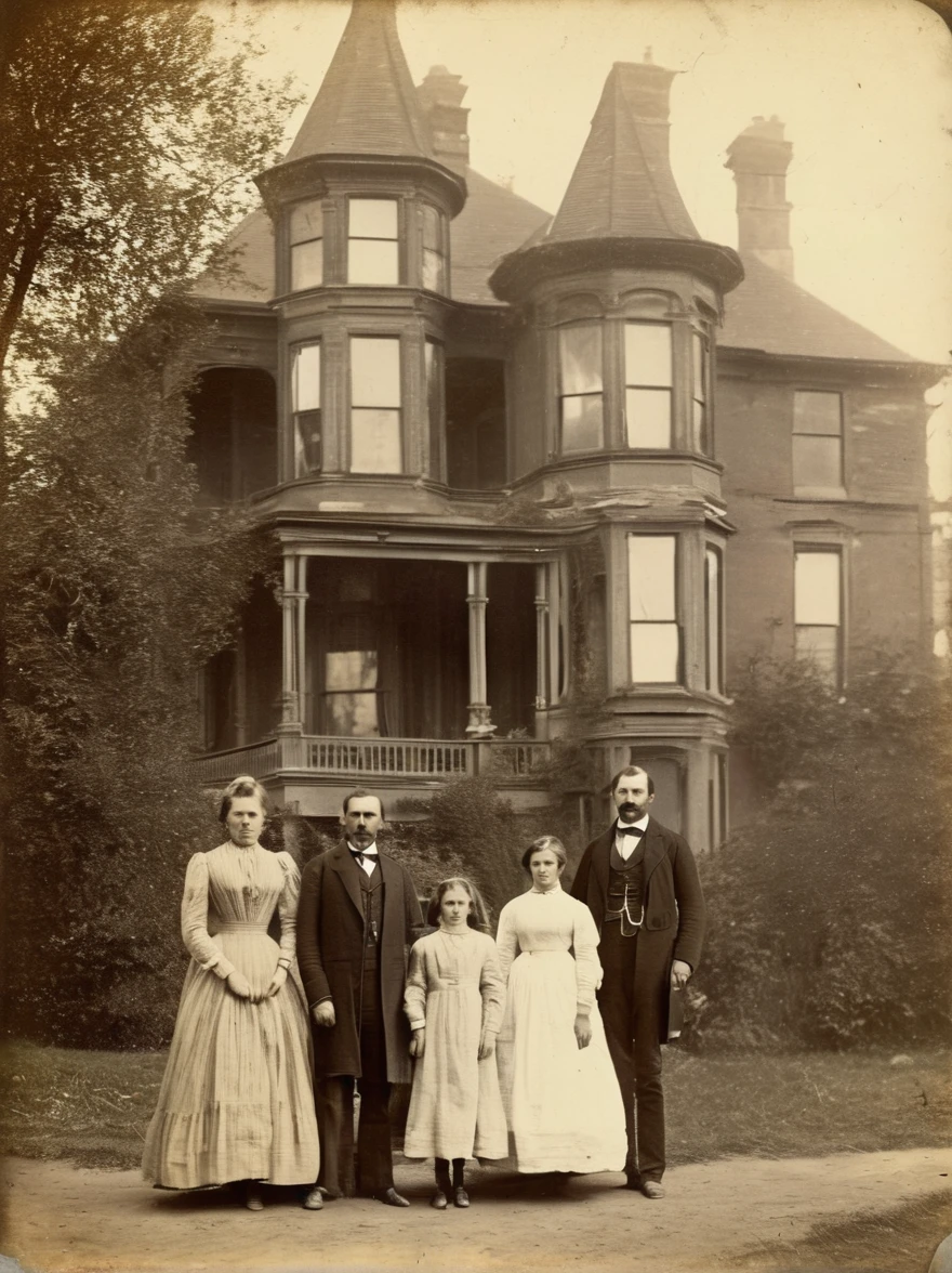 A faded photograph from the 19th
century shows a Victorian family
posing outside their ancestral
home. Upon closer inspection, a
faint, translucent figure can be
seen standing among them, its
ethereal form barely visible
against the backdrop of the old
mansion.