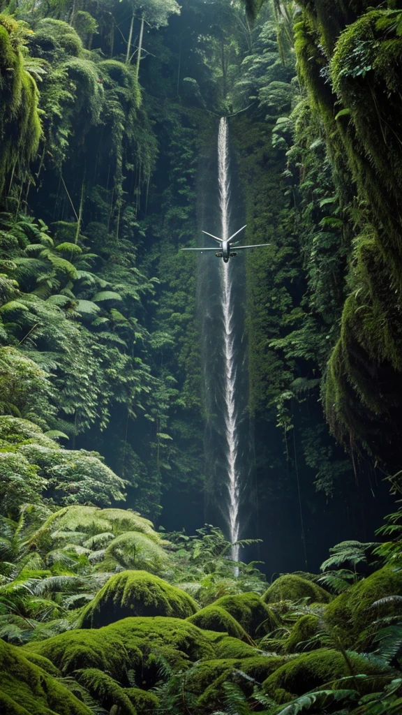 Discovery an airplane stuck on the highest cliff, moss, scary scene, Amazon jungle, detailed, hyper realistic, 16k