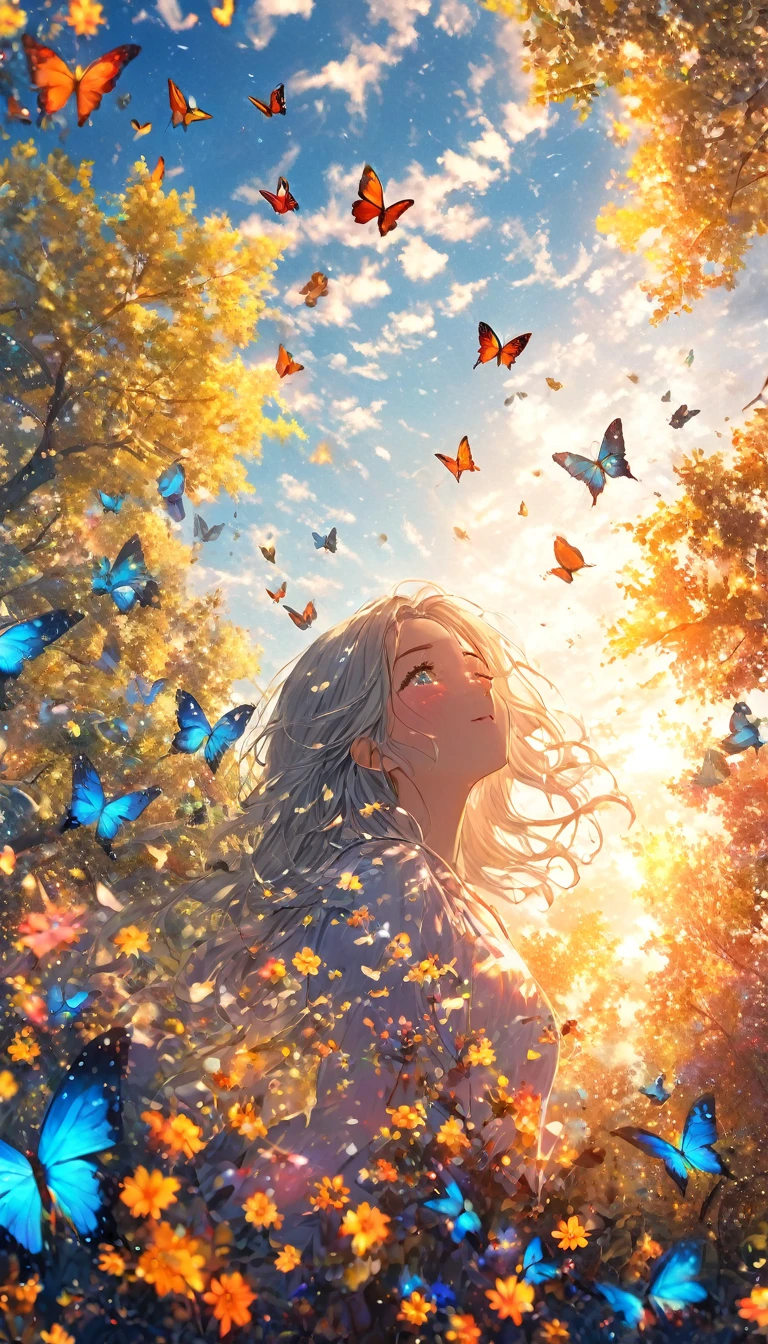 (woman\(student, 15 years old, ＪＫ, Long Hair, Colorful eyes, Pale skin，) Looking up at the sky), (Many butterflies flying in the sky), Beautiful sky, summer，Colorful flowers are blooming everywhere, Mysterious and dreamy ,Giant Tree，quality\(8K,CG wallpaper, masterpiece,High resolution,top-quality,Surrealism,Increased resolution,RAW Photos,Best quality,Very detailed,Light,Ray Tracing,Golden Ratio)longeyelashes, solid circle eyes, silver hair, half-closed eyes, sad, drop shadow, anaglyph, stereogram, tachi-e, atmospheric perspective, wide shot, reflection light, 8K, super detail, best quality, anatomically correct