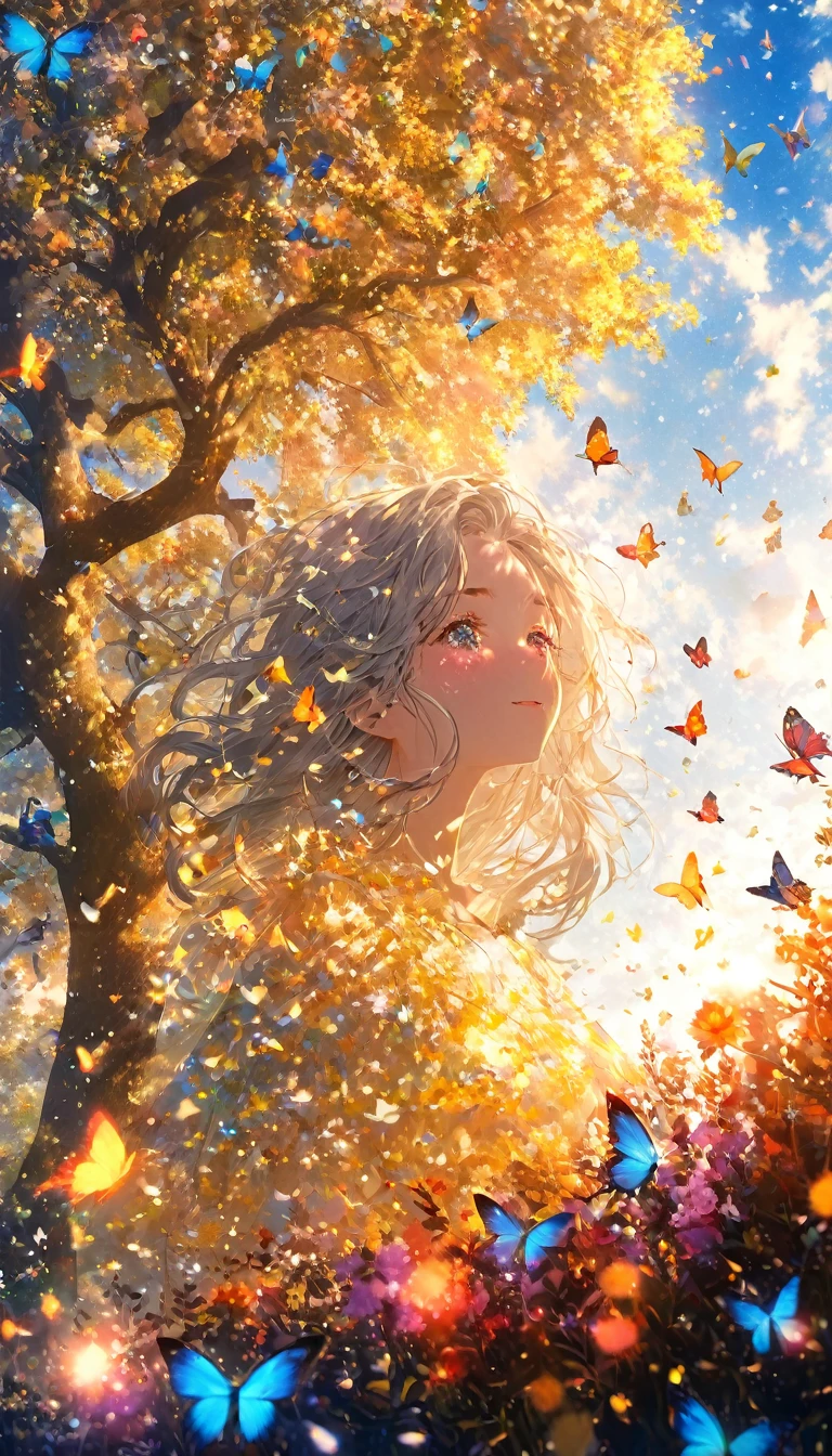 (woman\(student, 15 years old, ＪＫ, Long Hair, Colorful eyes, Pale skin，) Looking up at the sky), (Many butterflies flying in the sky), Beautiful sky, summer，Colorful flowers are blooming everywhere, Mysterious and dreamy ,Giant Tree，quality\(8K,CG wallpaper, masterpiece,High resolution,top-quality,Surrealism,Increased resolution,RAW Photos,Best quality,Very detailed,Light,Ray Tracing,Golden Ratio)longeyelashes, solid circle eyes, silver hair, half-closed eyes, sad, drop shadow, anaglyph, stereogram, tachi-e, atmospheric perspective, wide shot, reflection light, 8K, super detail, best quality, anatomically correct