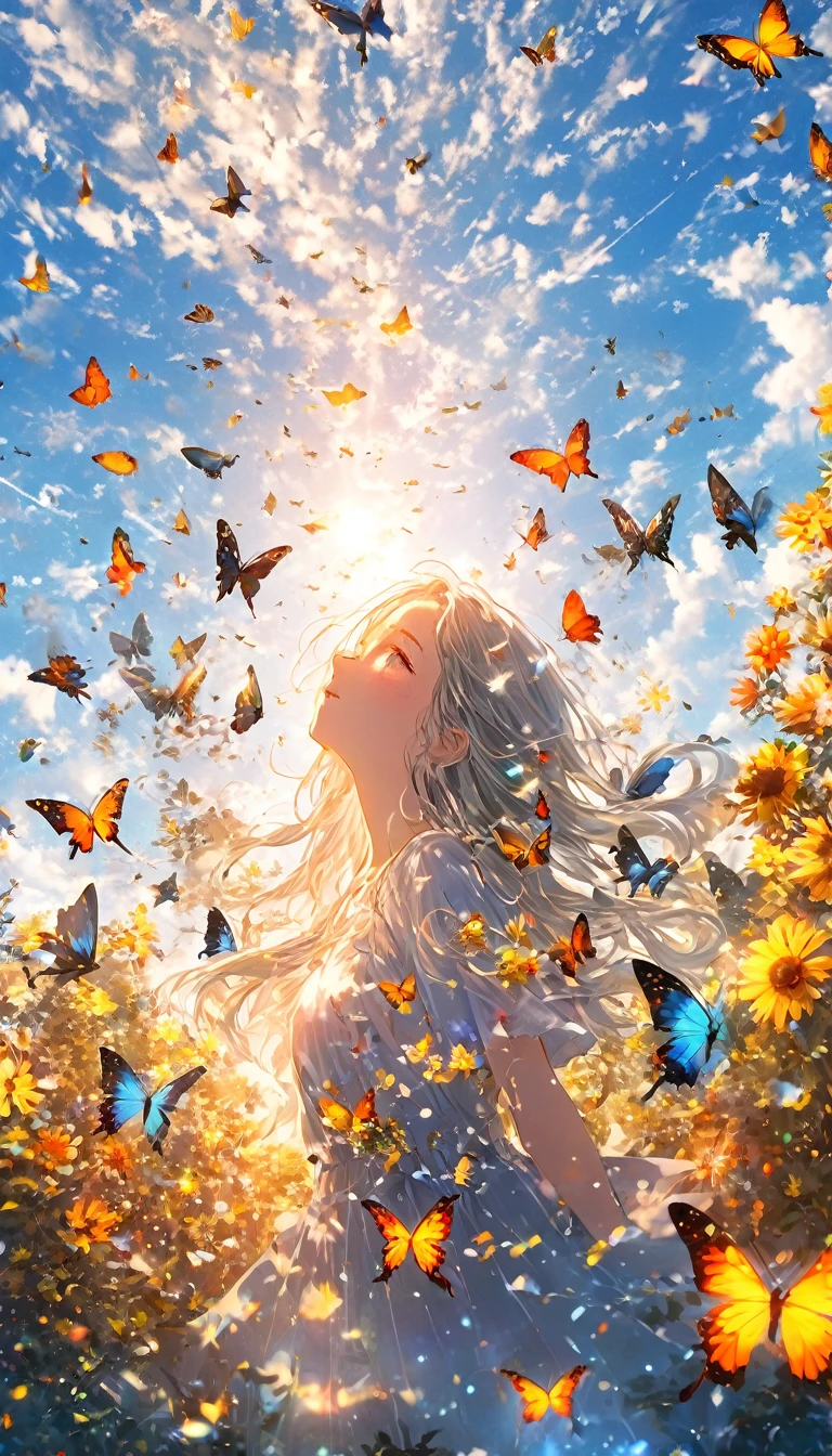 (woman\(student, 15 years old, JK, Long Hair, Colorful eyes, Pale skin,) Looking up at the sky), (Many butterflies flying in the sky), Beautiful sky, summer,Colorful flowers are blooming everywhere, Mysterious and dreamy ,Giant Tree,quality\(8K,CG wallpaper, masterpiece,High resolution,top-quality,Surrealism,Increased resolution,RAW Photos,Best quality,Very detailed,Light,Ray Tracing,Golden Ratio)longeyelashes, solid circle eyes, silver hair, half-closed eyes, sad, drop shadow, anaglyph, stereogram, tachi-e, atmospheric perspective, wide shot, reflection light, 8K, super detail, best quality, anatomically correct