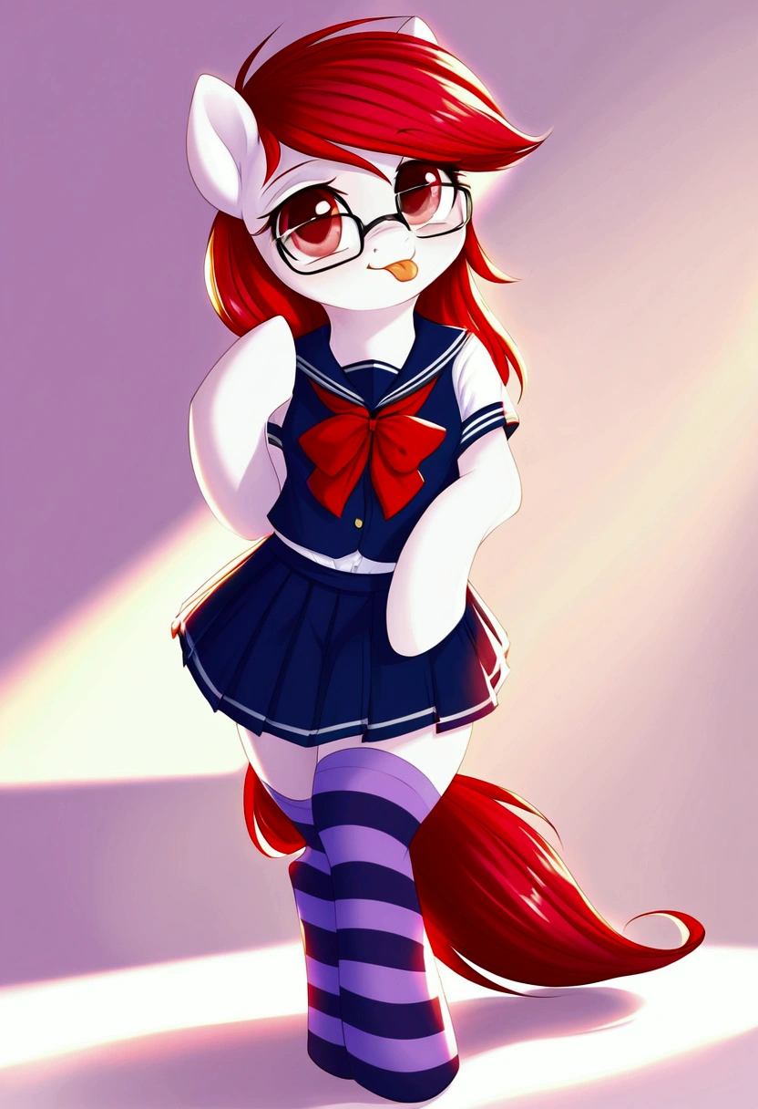 radiant lighting, vibrant colors, whimsical atmosphere, 8K, high resolution, highly detailed, masterpiece, (((my little pony))), four stockings, (red hair, white body, red eyes) cute face, tongue out, (school uniform), striped stockings, staying, cool glasses 