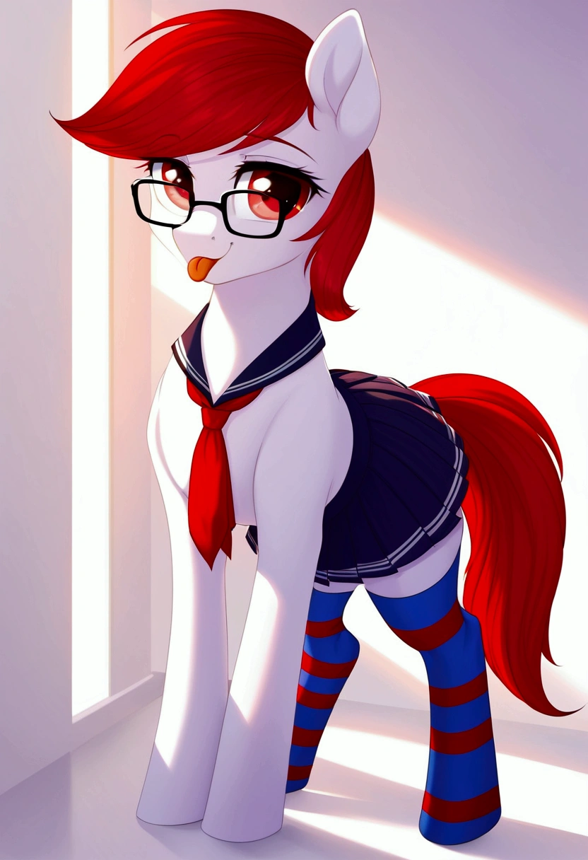 radiant lighting, vibrant colors, whimsical atmosphere, 8K, high resolution, highly detailed, masterpiece, (((my little pony))), four stockings, (red hair, white body, red eyes) cute face, tongue out, (school uniform), striped stockings, staying, cool glasses