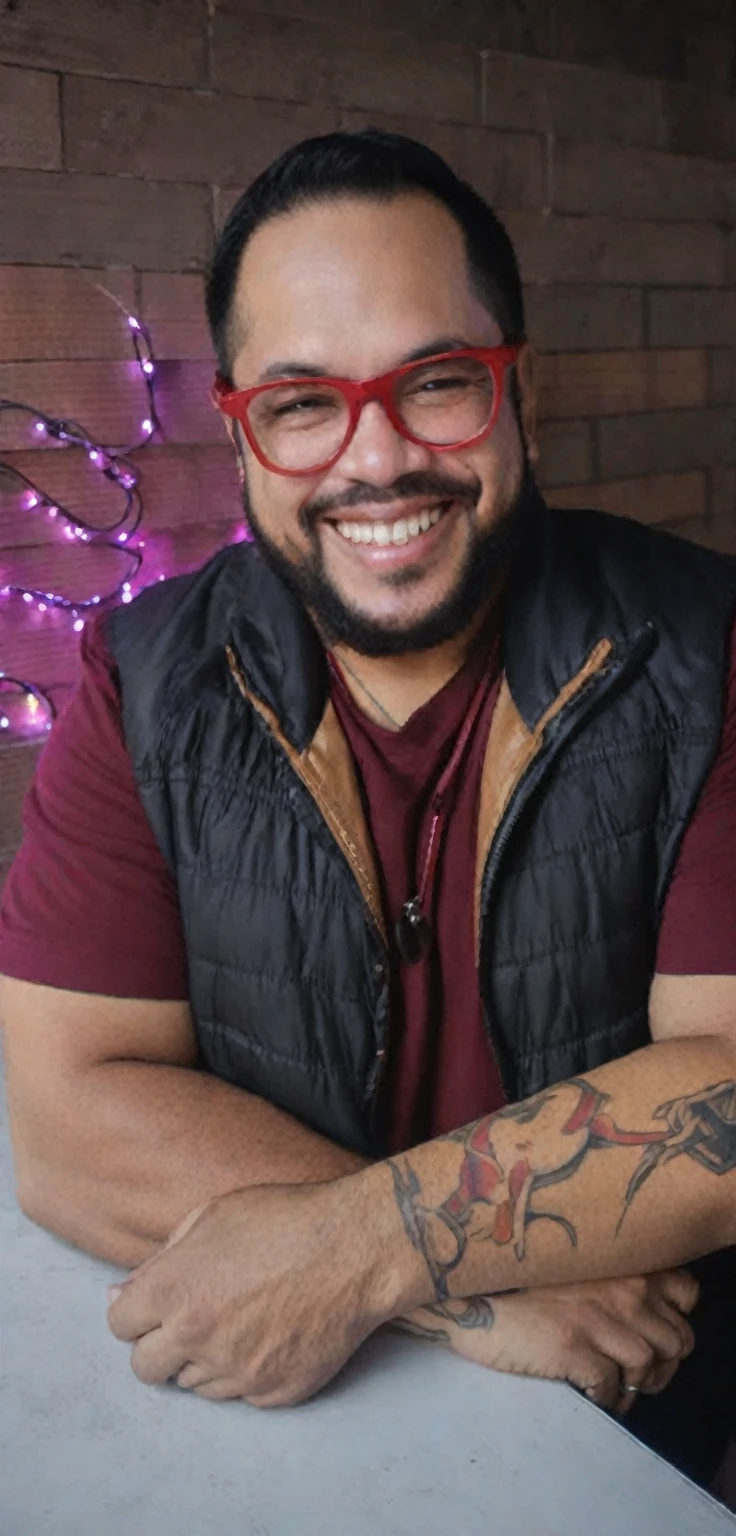 smiling man with red glasses and a tattoo on his arm, profile picture with headshot, portrait of Danny González, inspired by Eddie Mendoza, André Rios, rise of henry, joel torres, inspired by Randy Gallegos, profile photo 1024px, Andre Gonzalez, Jose Moncada, brian pulido, mid shot portrait, vitor maristane, christian orrillo