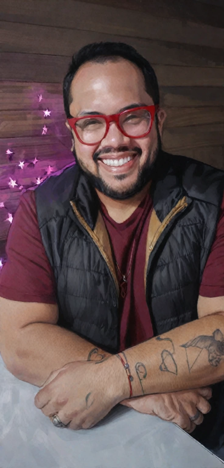 smiling man with red glasses and a tattoo on his arm, profile picture with headshot, portrait of Danny González, inspired by Eddie Mendoza, André Rios, rise of henry, joel torres, inspired by Randy Gallegos, profile photo 1024px, Andre Gonzalez, Jose Moncada, brian pulido, mid shot portrait, vitor maristane, christian orrillo