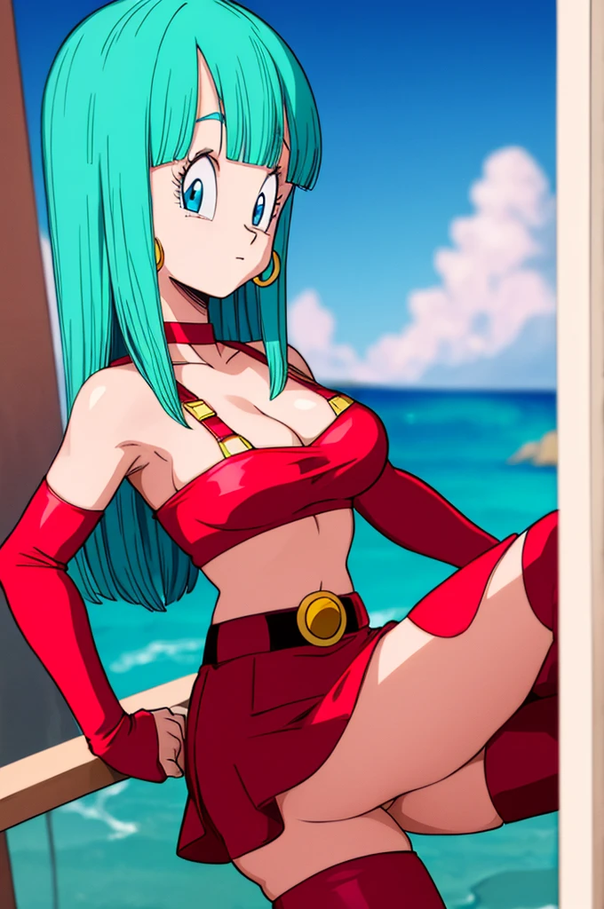 ultra detailed, masterpiece, best quality, solo, soft smile, light smile, Bulla, Dragon Ball,
long hair, aqua hairbangs, collarbonebridal gauntlets, eyelashes, hoop earrings, eyebrows,miniskirt,hairband, red hairband, earrings, blue eyes,elbow gloves, red gloves, fingerless gloves, crop top, red topwear, midriff, yellow belt, skirt, red skirt, big breast, big ass,confused face expresion, sin imperfecciones, dibujo perfecto, masive breast,
