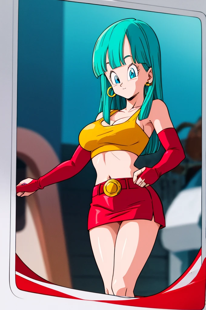 ultra detailed, masterpiece, best quality, solo, soft smile, light smile, Bulla, Dragon Ball,
long hair, aqua hairbangs, collarbonebridal gauntlets, eyelashes, hoop earrings, eyebrows,miniskirt,hairband, red hairband, earrings, blue eyes,elbow gloves, red gloves, fingerless gloves, crop top, red topwear, midriff, yellow belt, skirt, red skirt, big breast, big ass,confused face expresion, sin imperfecciones, dibujo perfecto, masive breast,