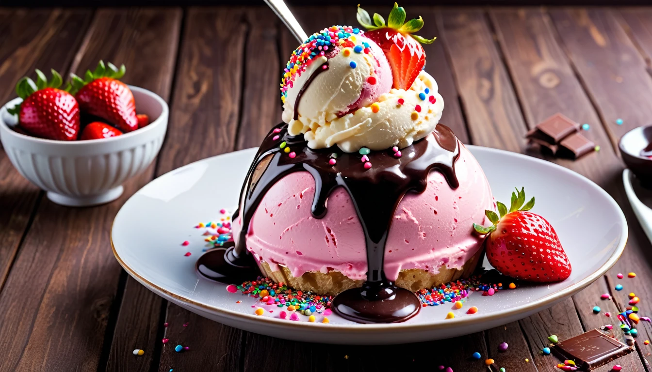 Strawberry ice cream, (ice cream:1.2), with sprinkles on toping, chocolate sauce, delicious, (masterpiece:1.3), no people
