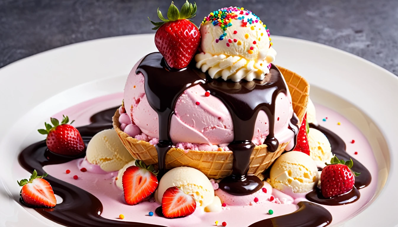 Strawberry ice cream, (ice cream:1.2), with sprinkles on toping, chocolate sauce, delicious, (masterpiece:1.3), no people