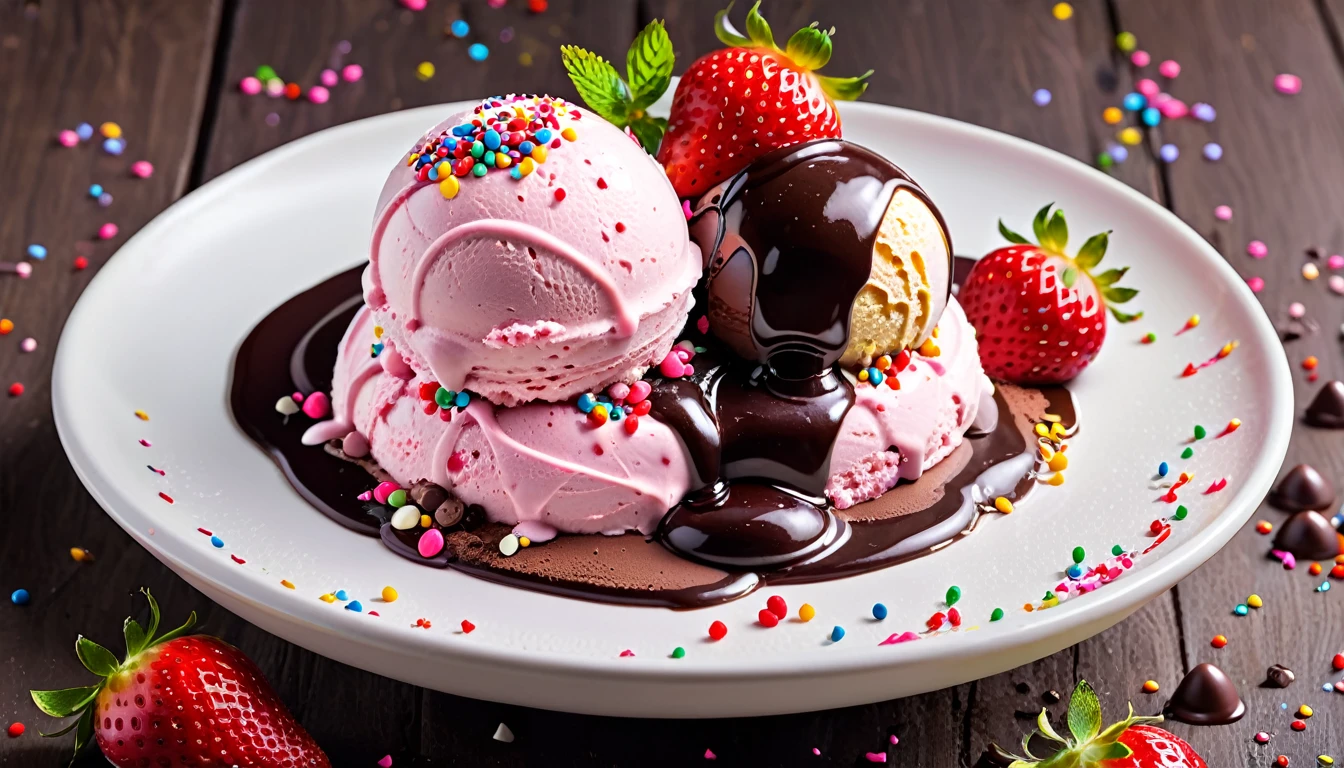 Strawberry ice cream, (ice cream:1.2), with sprinkles on toping, chocolate sauce, delicious, (masterpiece:1.3), no people