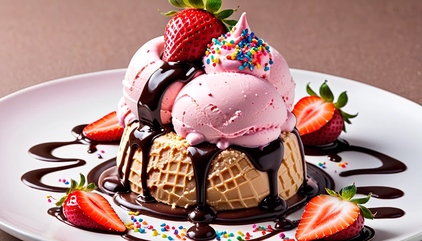 Strawberry ice cream, (ice cream:1.2), with sprinkles on toping, chocolate sauce, delicious, (masterpiece:1.3), no people