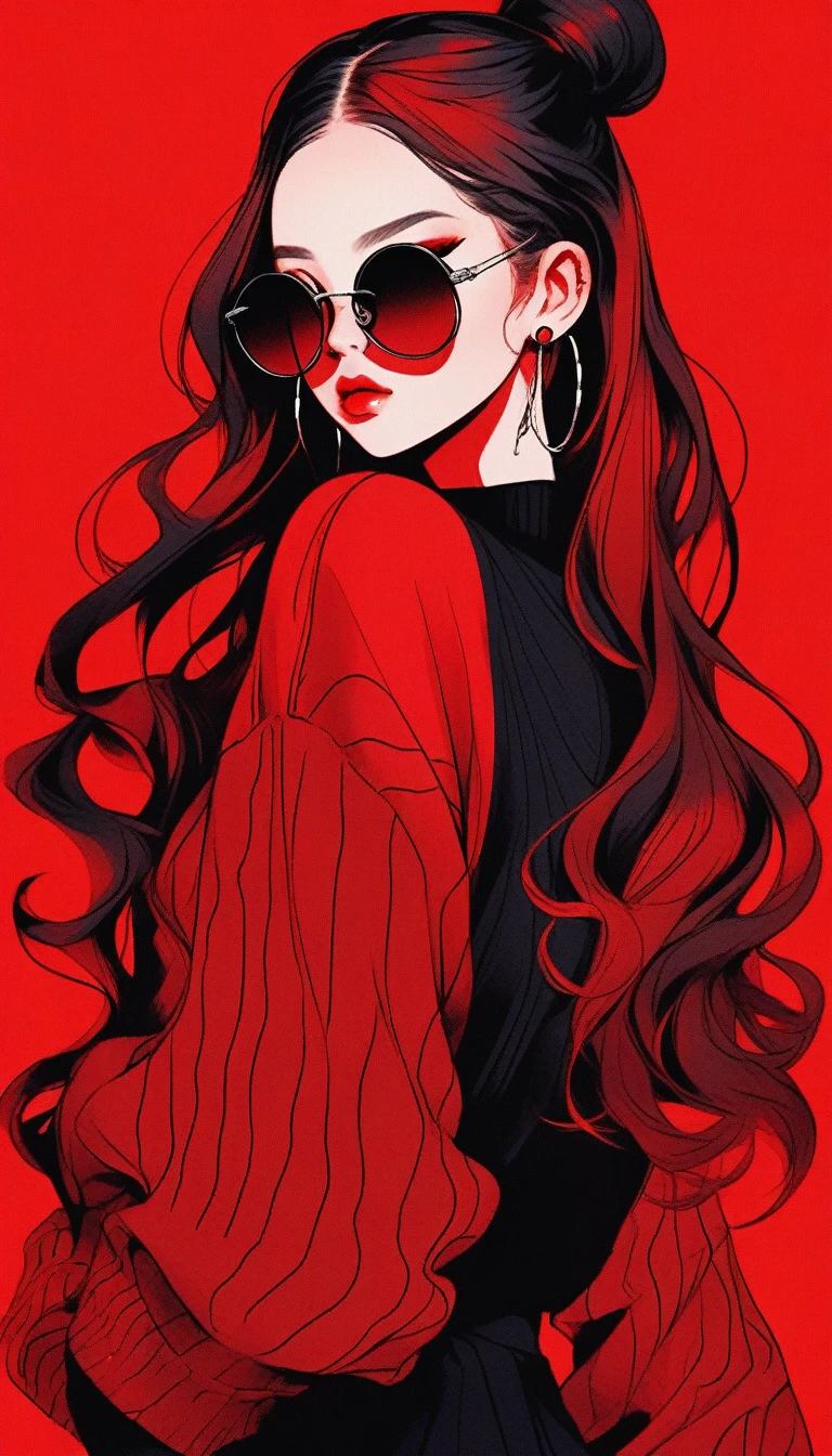Illustrator, anime , Realistic ,sketch , 1 girl, ,lip, sweater,order, red gradient background, black and red Hair,Textured Trim, Canadian, (masterpiece,highest quality)two bun fashion Hair,stylish sunglasses fashion ,smoking pipe,china fashion, china dress fashion,