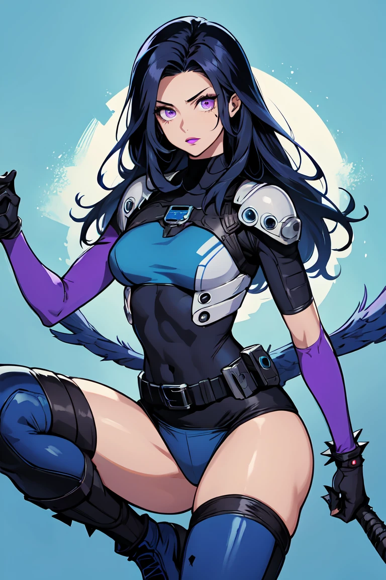 1. Light skinned woman 2. Long spiky navy blue hair/dark 3. lips painted blue and purple 4. Purple eyes 5. Attractive clothing with technological implants whose predominant colors are Blue and Purple (Example Alita from Battle Angel, I will show an example)
6. wears dark blue boots 7. He has blue gloves 8. Both his arms and legs are uncovered., that is to say, his technological combat suit only covers his torso, waist and chest, the elbows, arms and legs are uncovered.
9. Alita Battle Angel combat costume