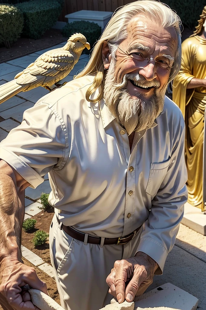 1guy, 80 years old, American, white shirt, medium healthy flowing hair, Short beard, medium hair, healthy, happy, smiling, digging out a giant golden statues of jesus, backyard, realistic, midjourney, hyperrealistic, birds eye POV