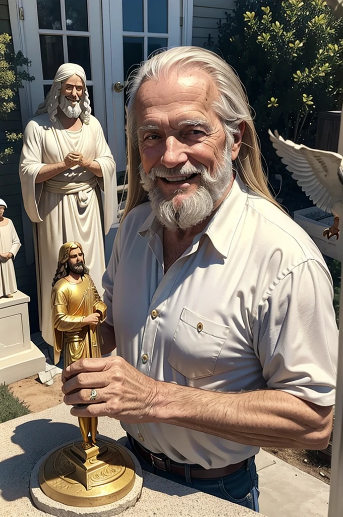 
1guy, 80 years old, American, white shirt, medium healthy flowing hair, Short beard, medium hair, healthy, happy, smiling, digging out a giant golden statues of jesus, backyard, realistic, midjourney, hyperrealistic, birds eye POV