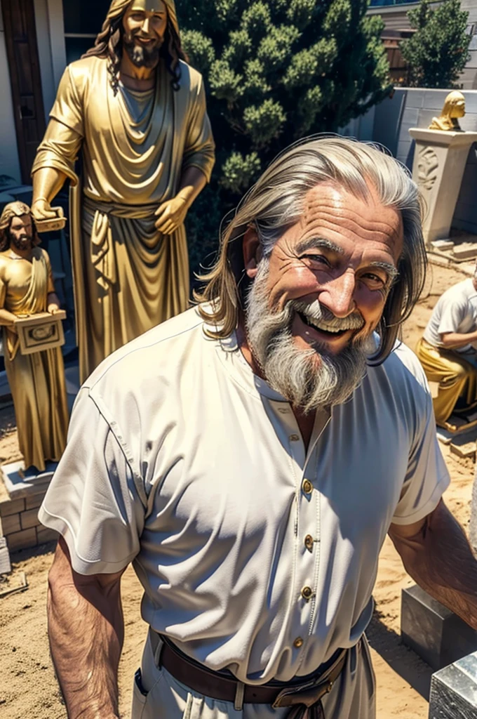 1guy, 80 years old, American, white shirt, medium healthy flowing hair, Short beard, medium hair, healthy, happy, smiling, digging out a giant golden statues of jesus, backyard, realistic, midjourney, hyperrealistic, birds eye POV