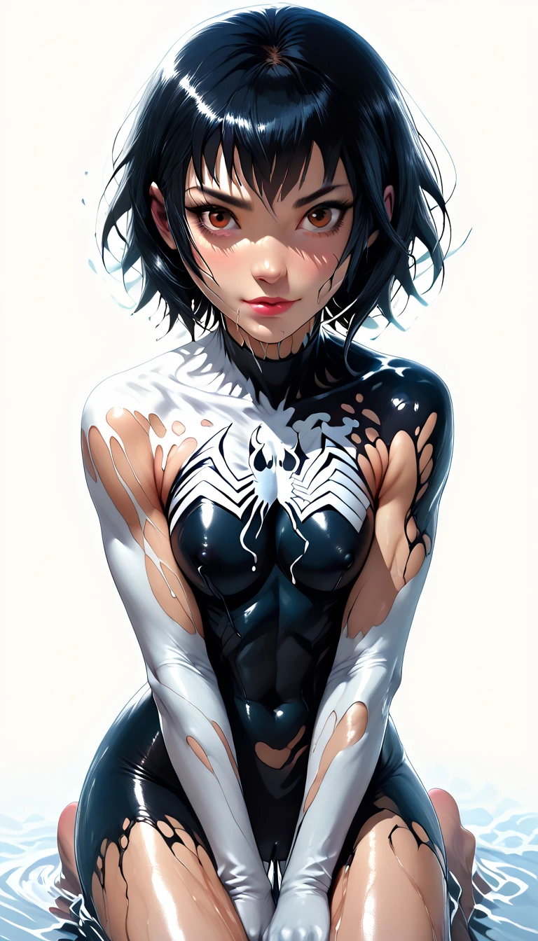 sexy female character art, (hews art style:0.7), score_9, score_8_up, score_7_up, score_6_up, uncensored, Jadechan being taken over by She-Venom, short black hair, dark hair, brownish-red eyes, BREAK (masterpiece:1.2), best quality, high resolution,(detailed eyes:1.3), perfect lighting,(perfect hands, perfect anatomy), large breasts, venom_assimilation, transformation, dehumanization, kneeling, corruption, (digital painting, concept art, smooth, sharp focus, intricate details, UHD, masterpiece: 1.2), accentuated nipples, slim and busty body type, pro-style digital_illustion from pivix, bratty, clean youthful face, teen-like, innocent face, Jackie_Chan_Adventures/Venom crossover, blank background,