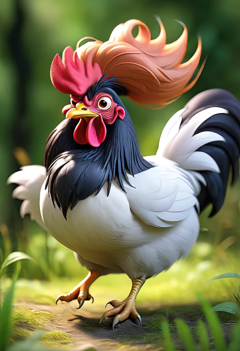 a crazy and funny hen with black and long hairs, hen is fat, hen is jumping, there is nobody and nothing except the hen in the image, the environment is a jungle, the hen is white except her hair, her hairs are tall and covers her eyes, the hen is angry.